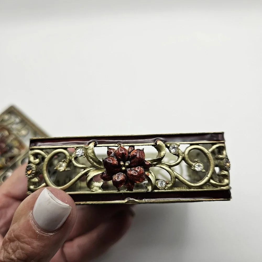 Ornate Square Enamel Floral Filigree Trinket Box with Rhinestone Accents 3